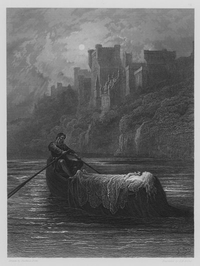 アーサー王宮殿に向かう途中のエレインの遺体 作： Gustave after Dore